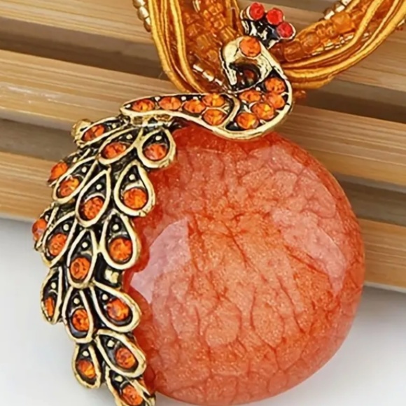 Peacock Gemstone Orange 19" Necklace - Beaded Style Multi Corded Braided - Picture 3 of 5